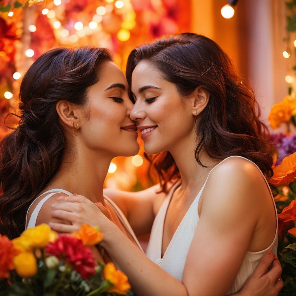 A warm, intimate scene depicting two women engaged in a joyful embrace, surrounded by vibrant flowers and soft, colorful lights. Their expressions radiate love and joy, reflecting the depth of their romantic connection. The background features abstract symbols of the LGBTQ+ community, celebrating diversity and inclusivity. The overall atmosphere is dreamy and inviting, with rich, warm colors that evoke passion and connection. super-realistic. vibrant colors. soft focus.