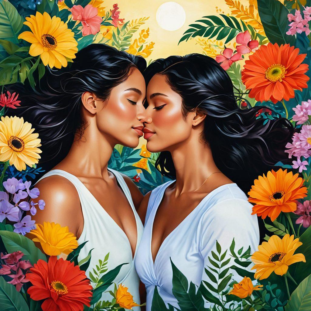 A captivating illustration of two women immersed in an intimate moment, surrounded by lush, vibrant flowers symbolizing empowerment and love. The scene exudes warmth with soft, golden light filtering through, highlighting their joyful expressions and connecting gaze. Incorporate elements of nature intertwining with the women's figures, emphasizing their bond and sensuality. Evoke feelings of empowerment, intimacy, and celebration of same-sex love. vibrant colors. super-realistic.
