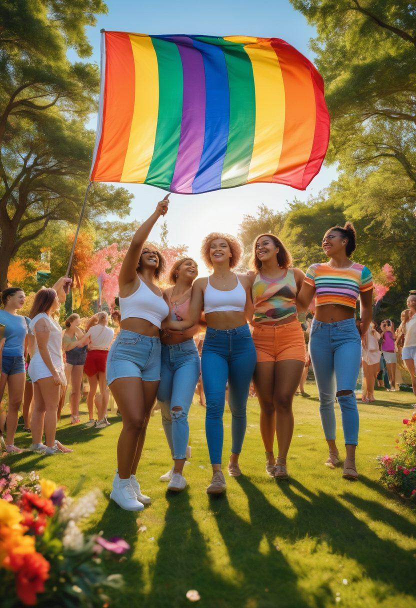 A vibrant scene showcasing a diverse group of LGBTQ+ individuals joyfully interacting in a colorful park, symbolizing connection and unity. Incorporate elements like rainbow flags, flowers, and symbols of sexual wellness. Include soft, warm lighting to evoke a sense of acceptance and positivity, with a focus on genuine laughter and support among friends. super-realistic. vibrant colors. sunny background.